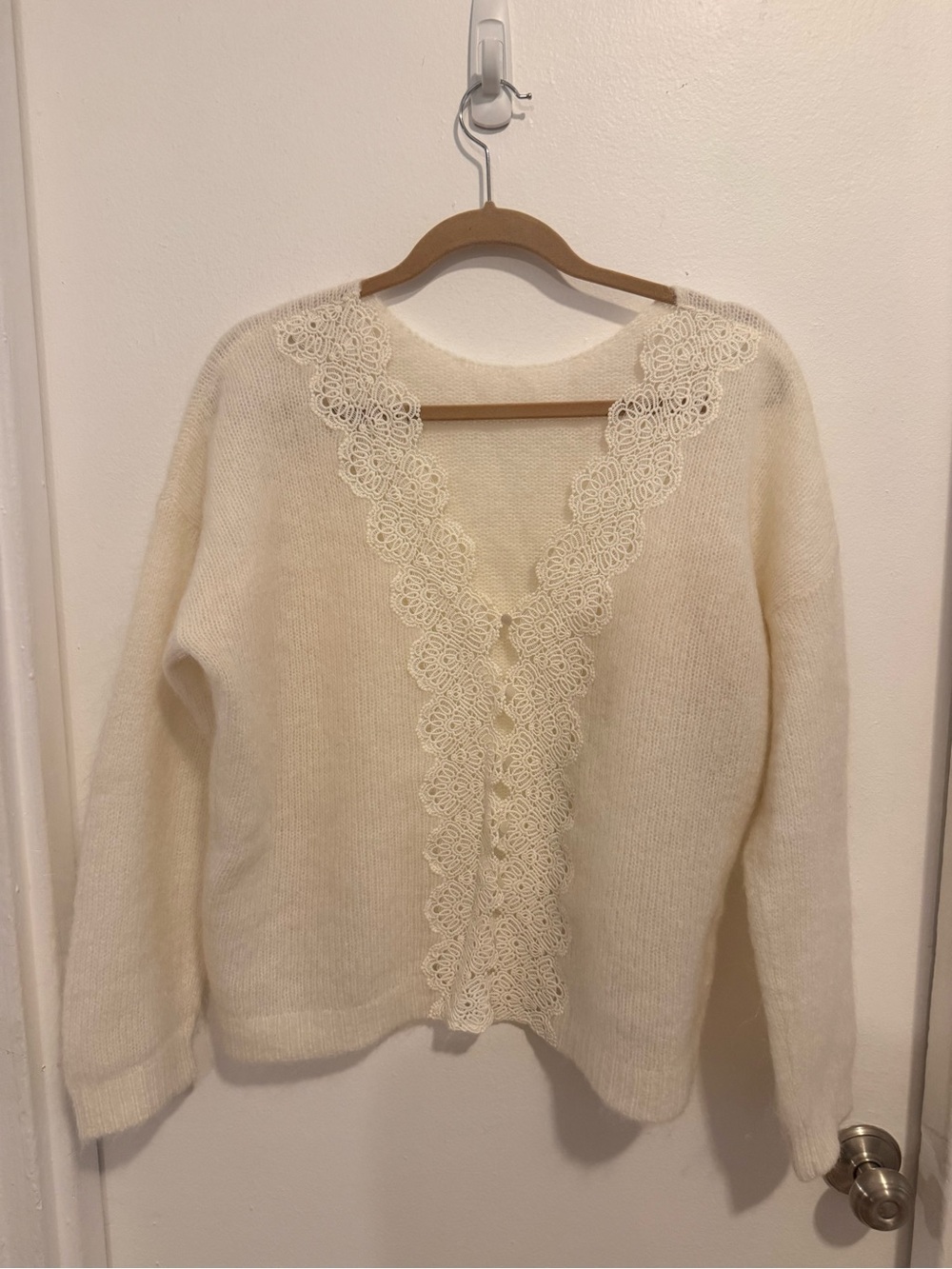 Sezane Ivory Lace-Trim Mohair Cardigan - Picture 2 of 4